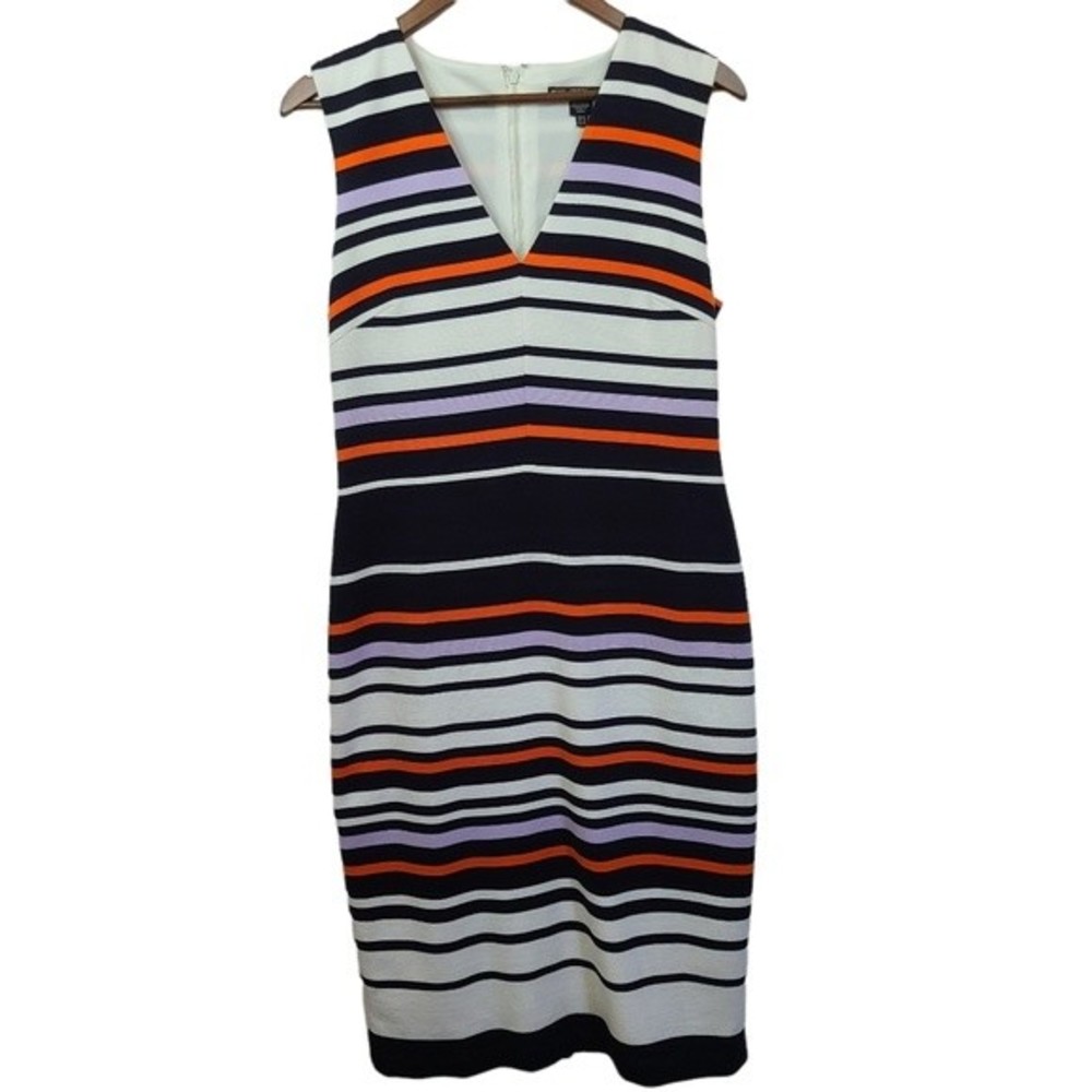 Maggy London Striped V Neck Sheath Midi Dress 12 Womens